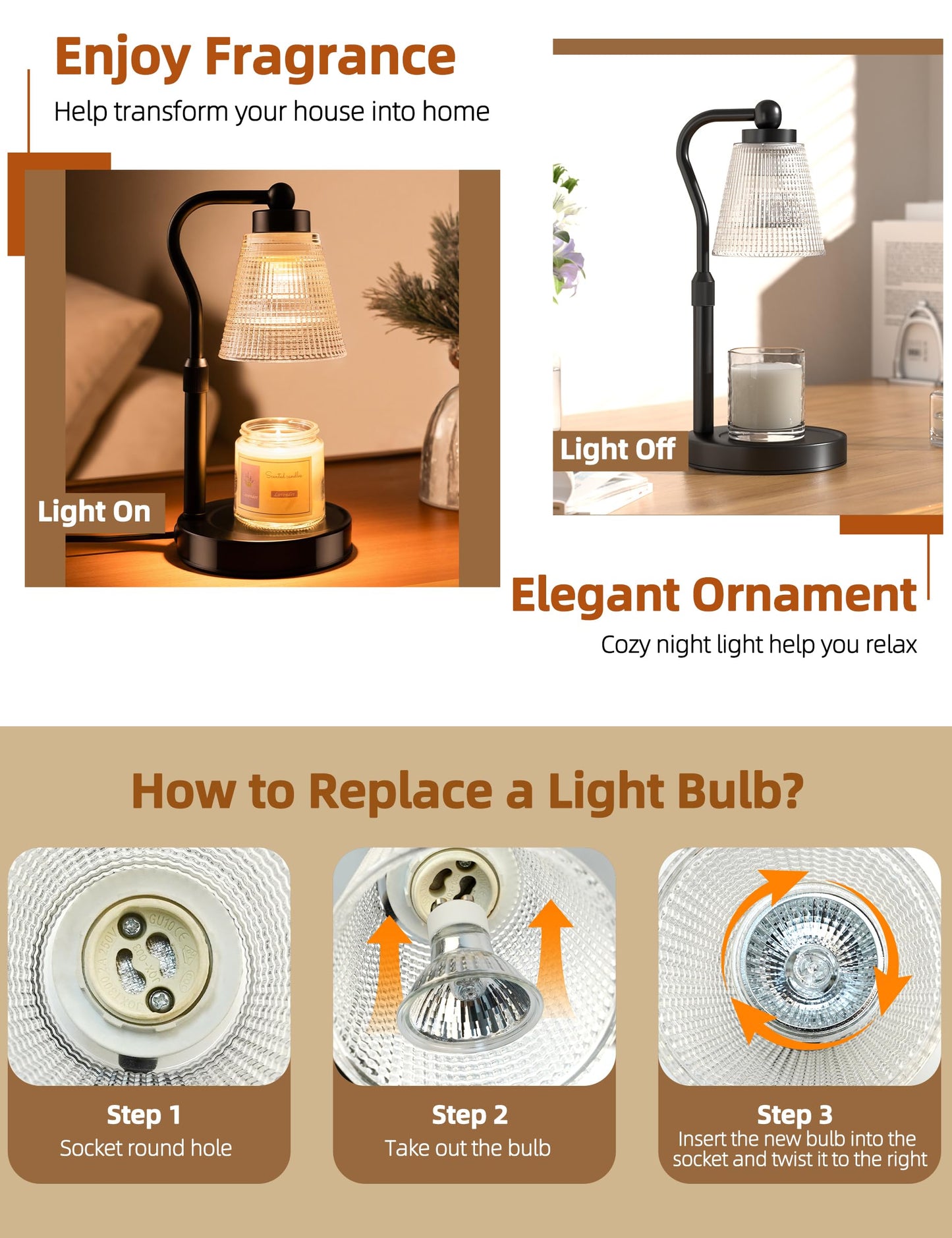 Candle Warmer Lamp for Jar Candles, Height Adjustable & Dimmable with 2/4/8H Timer, 2*50W Halogen Wax Melter Warmer for Home Office Décor, Flameless & Smokeless, Gift for Women Mom, Black-Clear/1 Pack