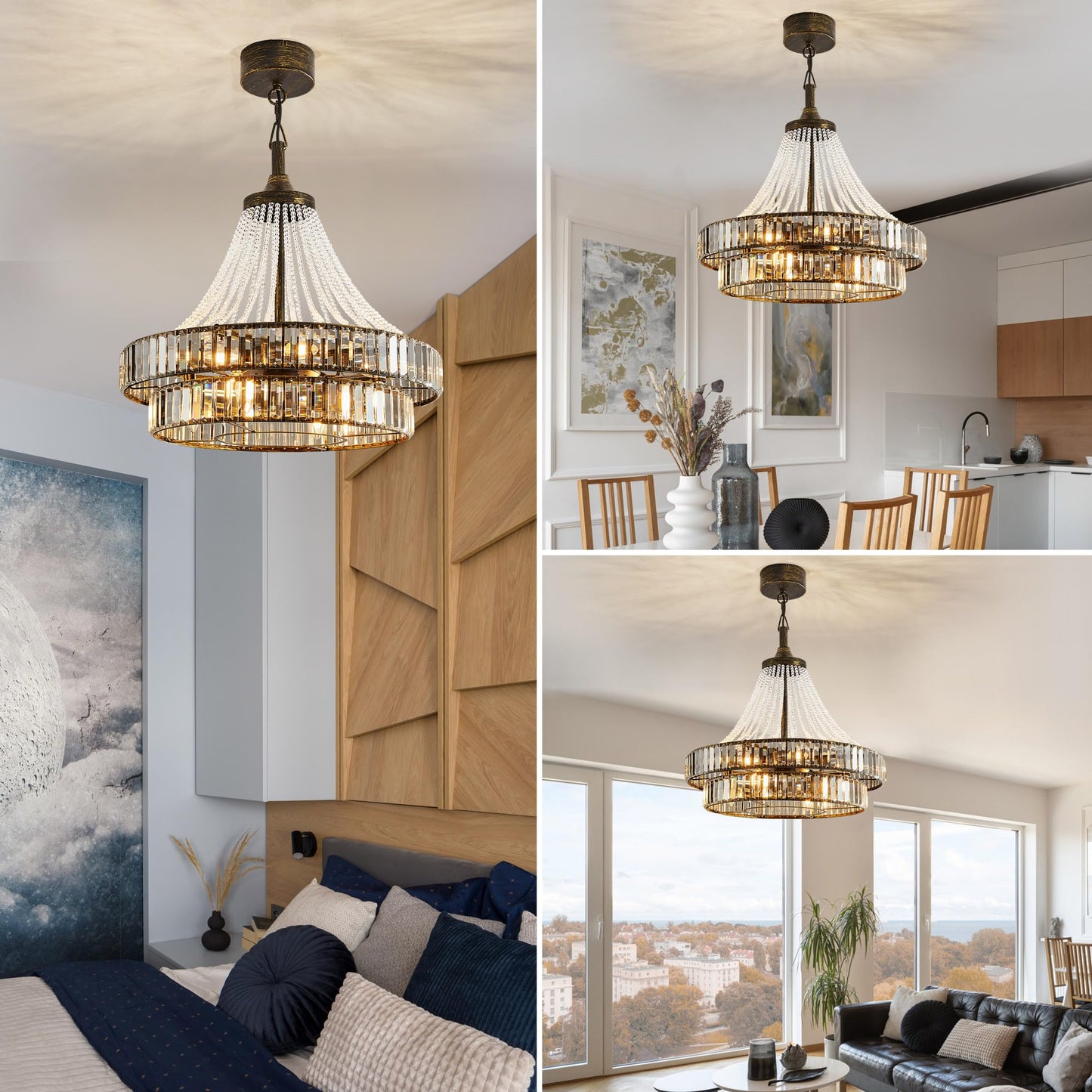HEMLDAN 24" Modern Crystal Caged Fandelier, Smart Chandelier Fan with Remote and APP Control, Double Layer Ceiling Fan with Light for Dining Living Room Bedroom, Italian Design-Black Gold