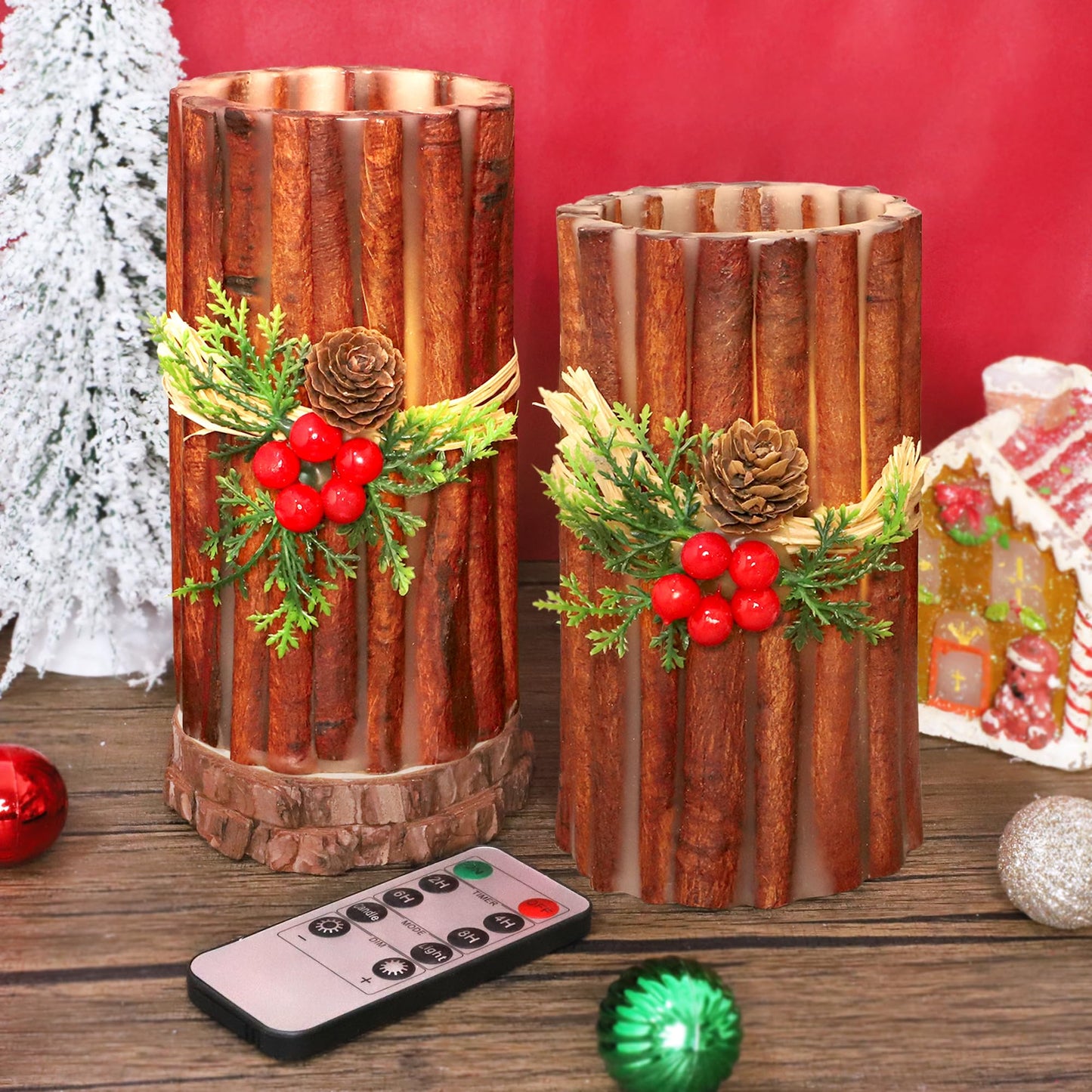 Silverstro Christmas Fake Candles with Remote Embedded Cinnamon Bark Blinks Real Wax Decorative Candles for Home Party Xmas Holiday Decorations - D3.23 X H6 Set of 2
