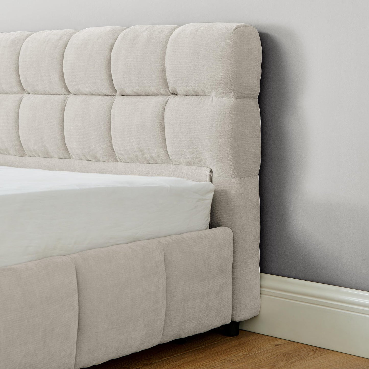 Ball & Cast King Size Upholstered Bed Frame with 4 Drawers and Headboard, Chenille Platform Storage Bedframe, Wooden Slats Support, No Box Spring Needed,Beige