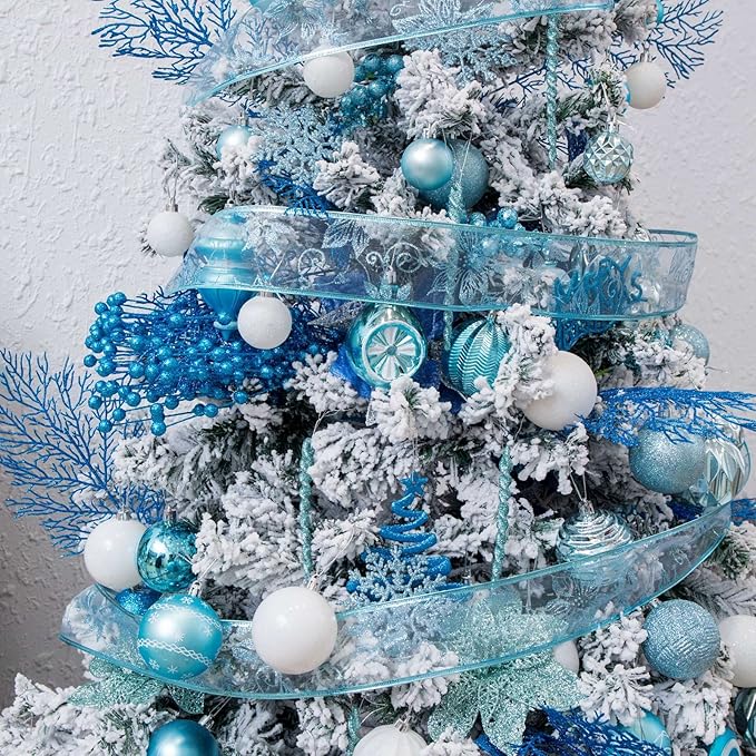 SY CRAFT 86 Pieces of Assorted Shatterproof Christmas Ball Snowflake Ornaments Seasonal Decorative Hanging Ornament Set with Hand-held Gift Package for Xmas Tree Decorations (Light Blue)