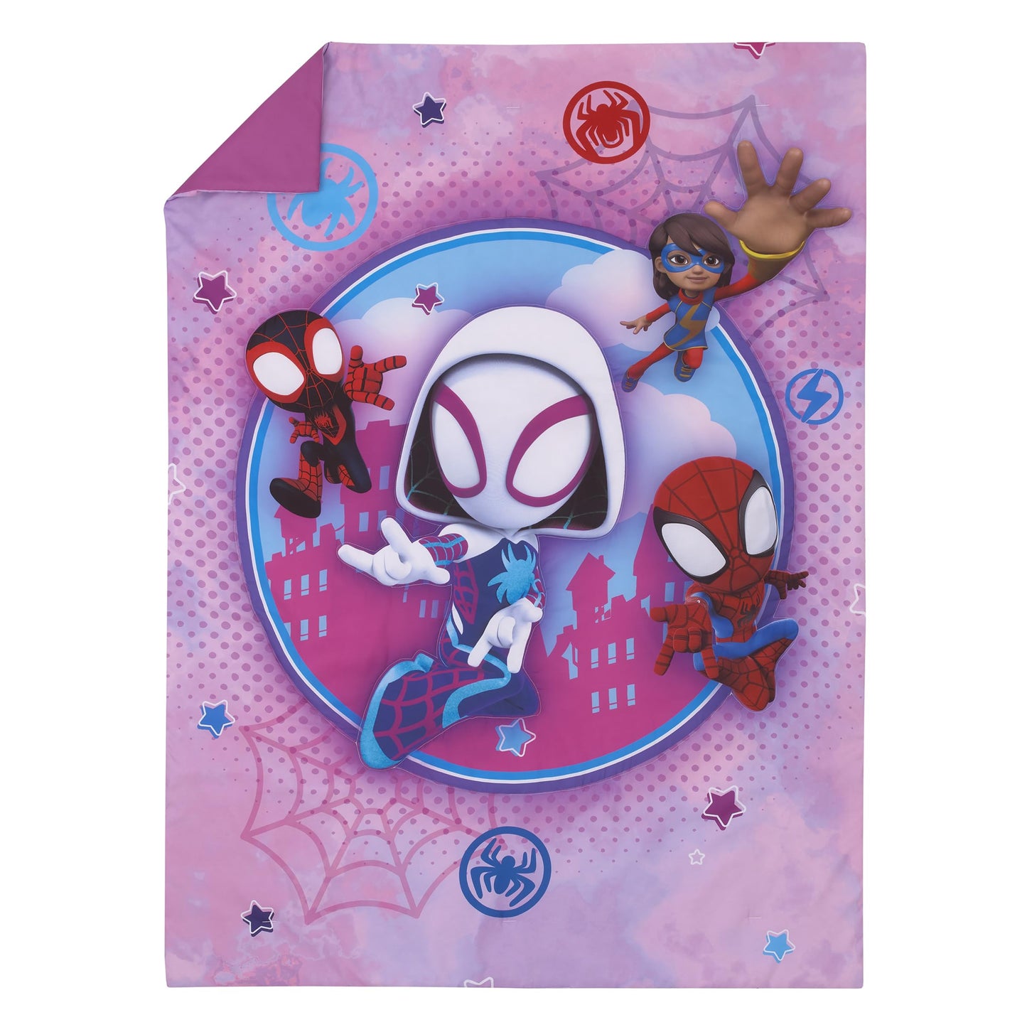 NoJo Marvel Ghost Spider, Go Ghosty Purple, Pink, and Blue 4 Piece Toddler Bed Set - Comforter, Fitted Bottom Sheet, Flat Top Sheet, and Reversible Pillowcase