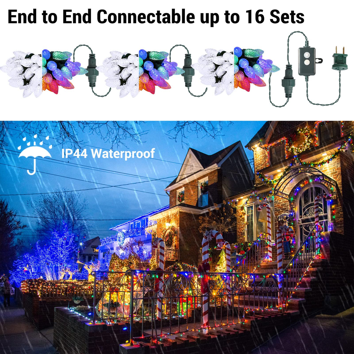 ODEETRONIC Cool White & Multicolor Christmas Lights, 33ft 50 LED C9 Color Changing Tree Lights, Connectable 12 Modes Outdoor Xmas Light with Remote, Dimmable Twinkle Light for Home Party Wedding