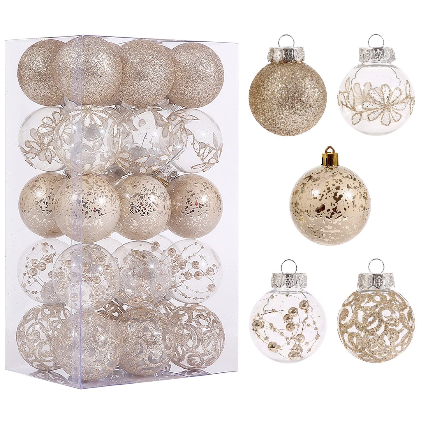 60mm/2.36inch Clear Christmas Ornaments Set, 30ct Champagne Christmas Ornaments Balls for Christmas Tree Decorations Shatterproof Transparent Baubles with Stuffed Decoration for Xmas Wedding Party