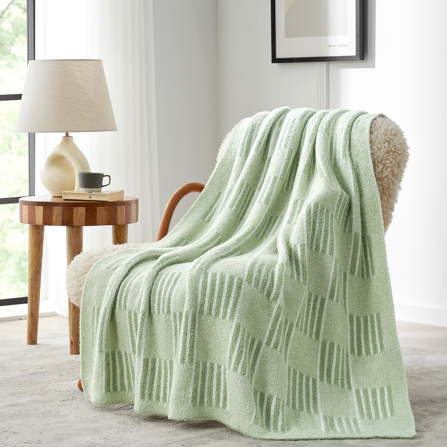 Snuggle Sac Sage Green Checkered Throw Blanket, Super Soft Reversible Cozy Warm Faux Fur Blankets for Couch Bedroom,Cute Lightweight Striped Throws for Women,Heather Sage Green,50x60 inches
