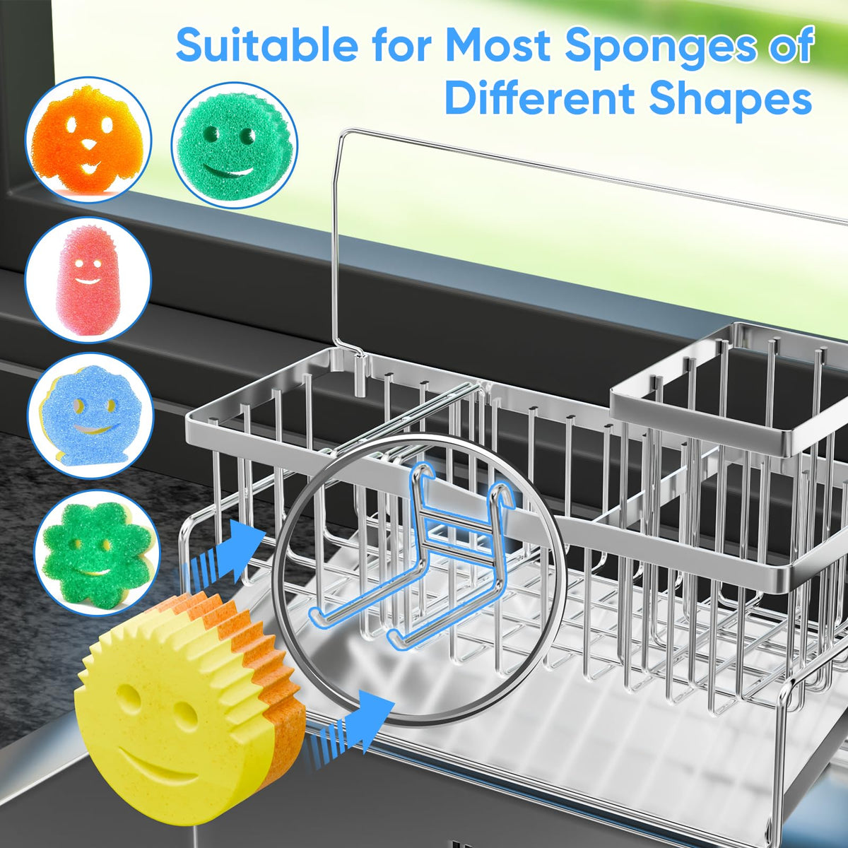 Adurei Sponge Holder for Kitchen Sink 304 Stainless Steel Self-Draining Sink Caddy with Smiley Face Sponge and Brush Holder Towel Bar and Divider Kitchen Gadgets Organizer for Countertop, Silver