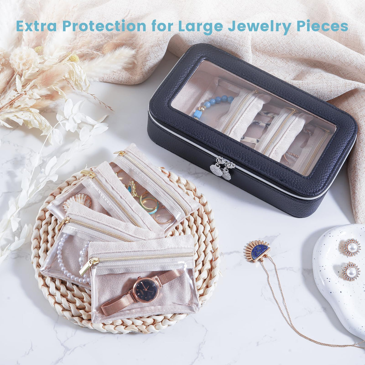 Lolalet 8 in 1 Travel Jewelry Case with Velvet Pouches, Clear Window Travel Jewelry Organizer Bags for Earrings, Bracelets, Necklaces and Rings, Compact Jewelry Storage for Women Girls- Black, 7PCS