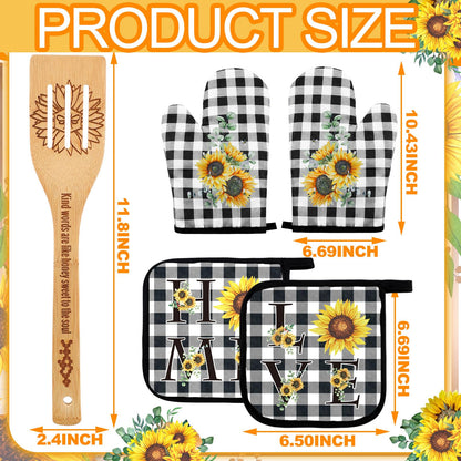Bencailor 13 Pcs Sunflower Kitchen Set Sunshine Farmhouse Kitchen Decor Rustic Sunflower Dish Towels Retro Yellow Apron Oven Mitts and Pot Holders with Cute Wooden Tableware Set for Home