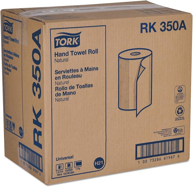 Tork Paper Hand Towel Roll Natural H21, 100% Recycled Fiber, 12 Rolls x 350 ft