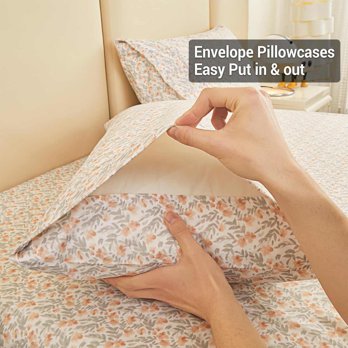 Viviland Floral Twin Sheet Set - 3 Piece Vintage Light Orange Flower Patterned Bed Sheets - Soft, Breathable Microfiber Sheets with Deep Pocket, Non-Slip Fitted Sheets & Pillowcases