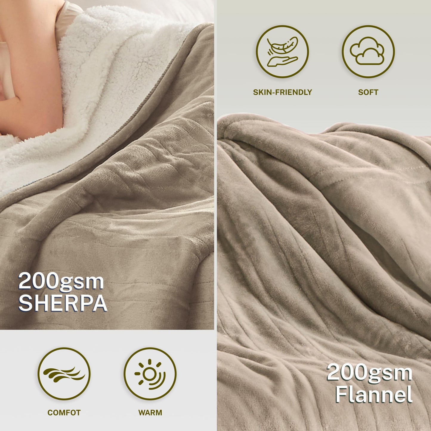 Heat Blanket 50”x60” Throw,Soft Flannel & Sherpa Reversible Electric Blanket with 10 Heat Settings,12 Timer Setting and 3 Hours Auto-Shut Off,ETL Certified Machine Washable,Light Brown