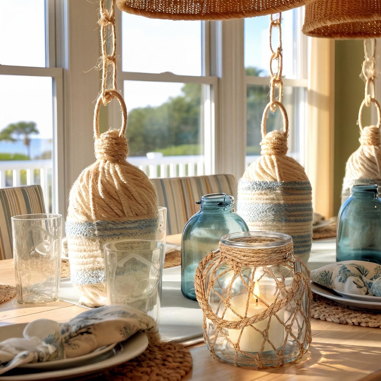 Blushtier 2 Set Nautical Candle Lantern with Rope Handle Coastal Glass Jar Battery Operated LED Flameless Lantern for Room Party Sea Beach House Table Centerpieces Decoration 5.5" x 5.5" x 6.3"