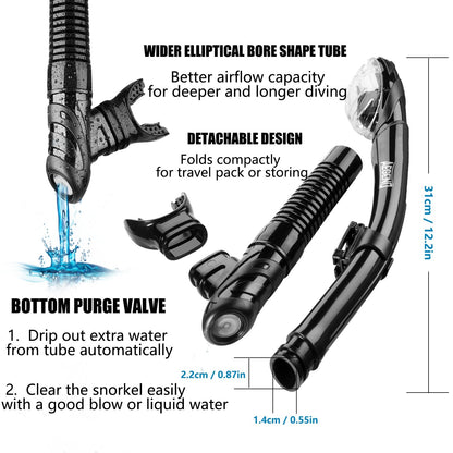 Aegend Dry Snorkel, Easy-Breath Free Diving Snorkel for Snorkeling Scuba Diving Freediving Swimming, with Top Dry Valve and Food-Grade Silicone Mouthpiece for Adult Youth, Black