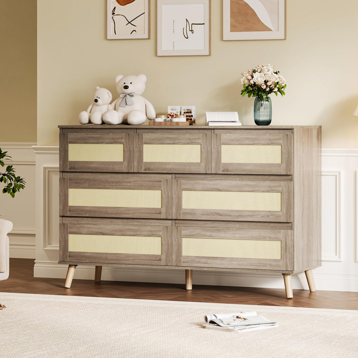 Patikuin Modern Rattan 7 Drawer Dresser for Bedroom, Wooden Chest of Drawers with Storage, Clothes Organizer Cabinet for Nursery, Living Room, Entryway, Natural Finish