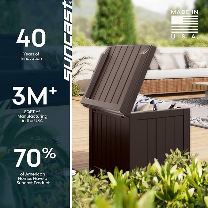 Suncast Outdoor Deck Box - 22 Gallon Java Resin Outdoor Storage Box, Weatherproof Patio Storage Bin Container for Seating & Organizing Cushions, Tools & Towels for Pool, Yard, & Garden