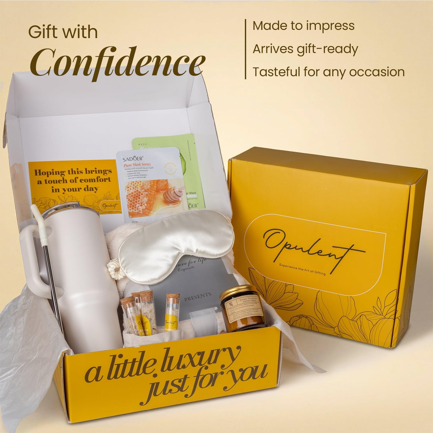 Opulent Luxury Self Care Gifts for Women - Hug in a Box Comfort Care Package - Spa Mothers Day Gift Set with 40 oz Tumbler & Cozy Blanket - Ideal for Thinking of You, Birthday, Sympathy & Corporate