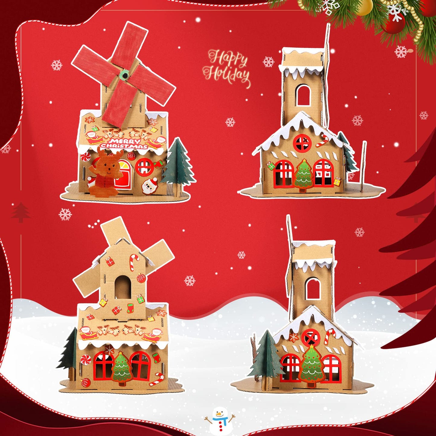 Sumind 3 Sets Christmas Gingerbread House Kit Small Xmas DIY Craft Kit Mini Christmas Cardboard Make-a-Gingerbread House Craft for Xmas Party Supplies Holiday Decor(Lovely Style)
