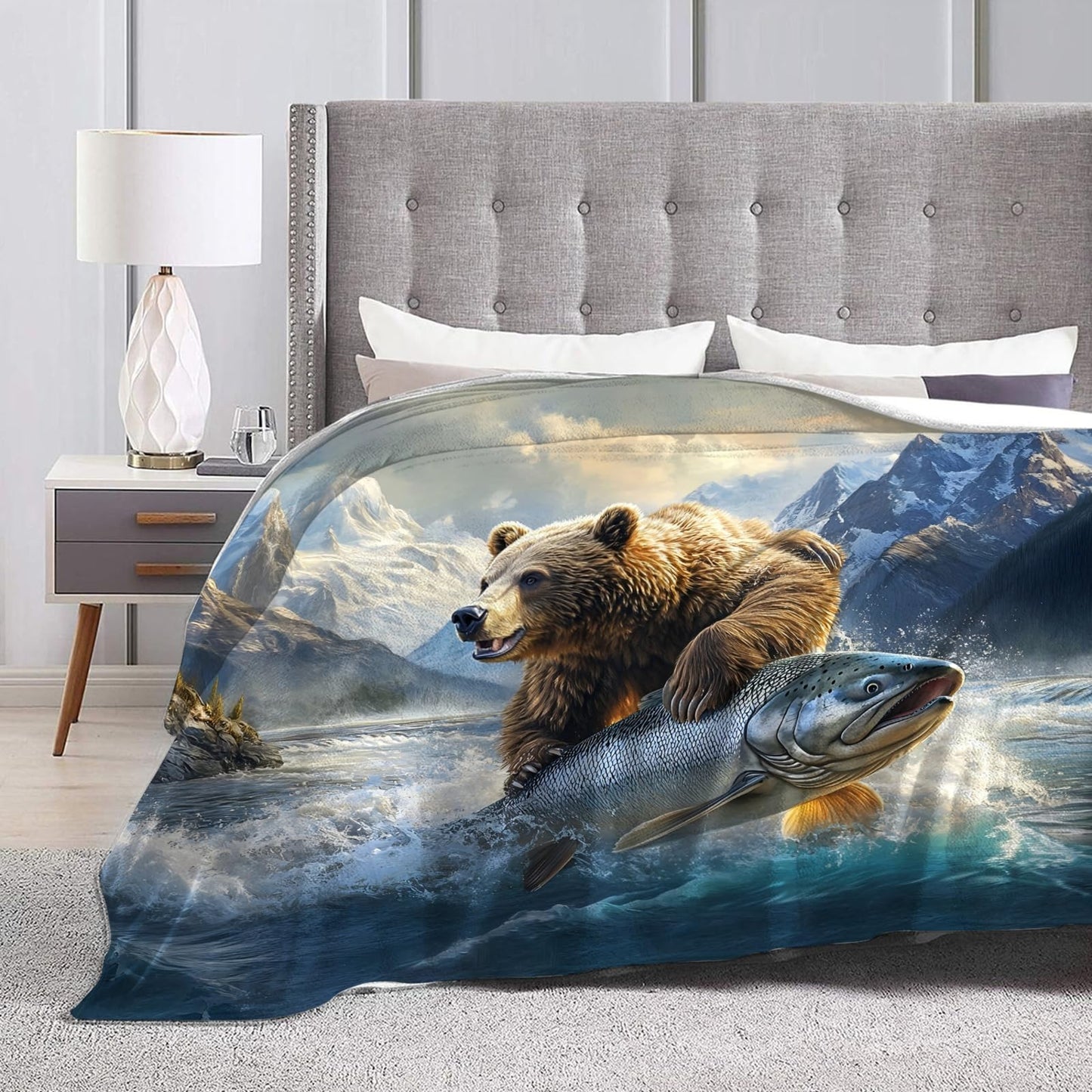 Tijuboni Bear Fish Throw Blanket Cabin Bear Gifts for Women Men Girls Boys Kids Adults Soft Flannel Fleece Blanket for Couch Sofa Bed Home Decor 40"x50"