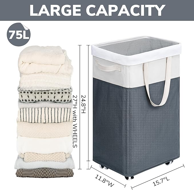 Goodpick Laundry Basket with Wheels, 75L Laundry Hamper
