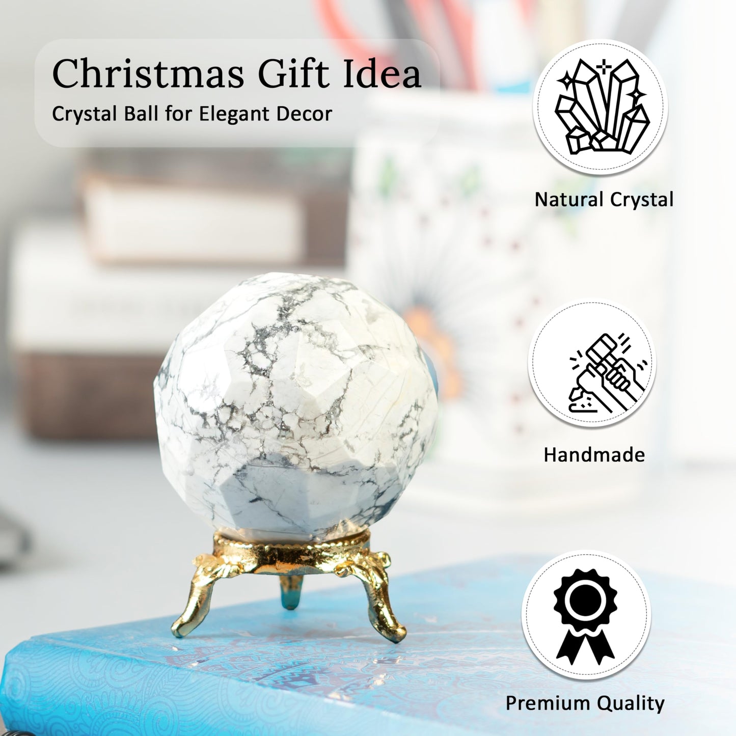 Crocon 45mm Howlite Diamond Cut Stone Sphere Ball with Metal Stand 1400+ Carats Gemstone Ball Healing Ornament Rock Sphere Sculpture Figurine for Fengshui Divination Crystal Home Decor Photography