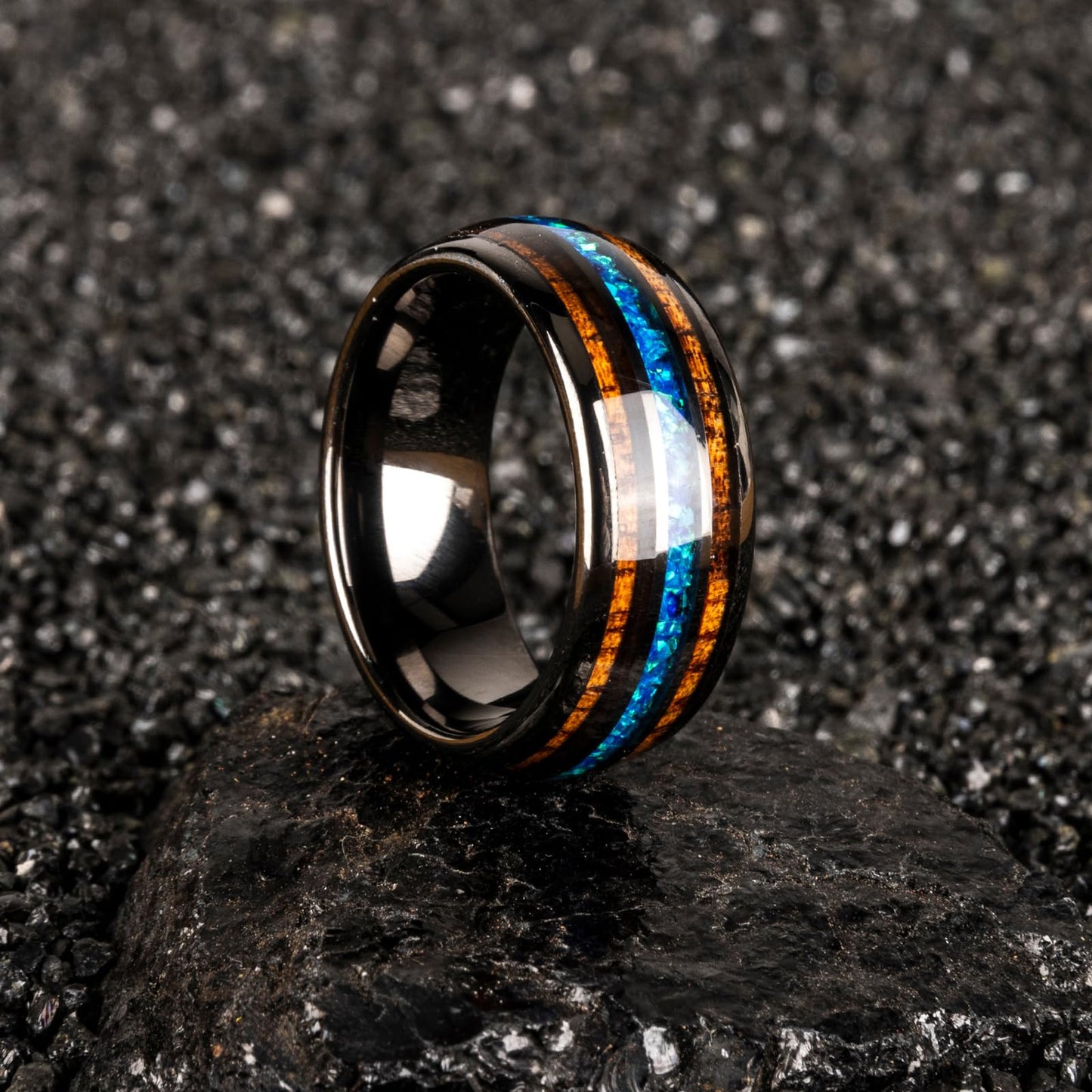 JEWPER 8mm Men Womens Wedding Band Tungsten Rings dark gun black Fashion Promise Carbide Inlaid blue opal koa Matte Finish Edge Comfort Fit Size(12)