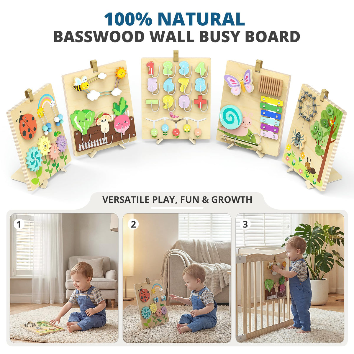 BlueWood Wooden Busy Board for Toddlers 18+ Months, 14-in-1 Montessori Philosophy Educational Toy, Activity Center Made from Basswood, No Drilling, Easy to Carry & Store - Square