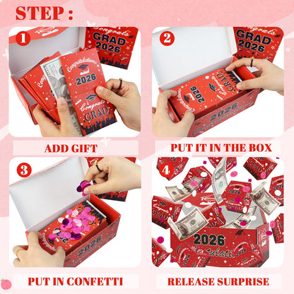 Surprise Gift Box Explosion for Money, Unique Folding Bouncing Red Envelope Gift Box with Confetti, Cash Explosion Luxury for Birthday Anniversary Valentine Proposal (15 Bounces) (Graduation - Red)
