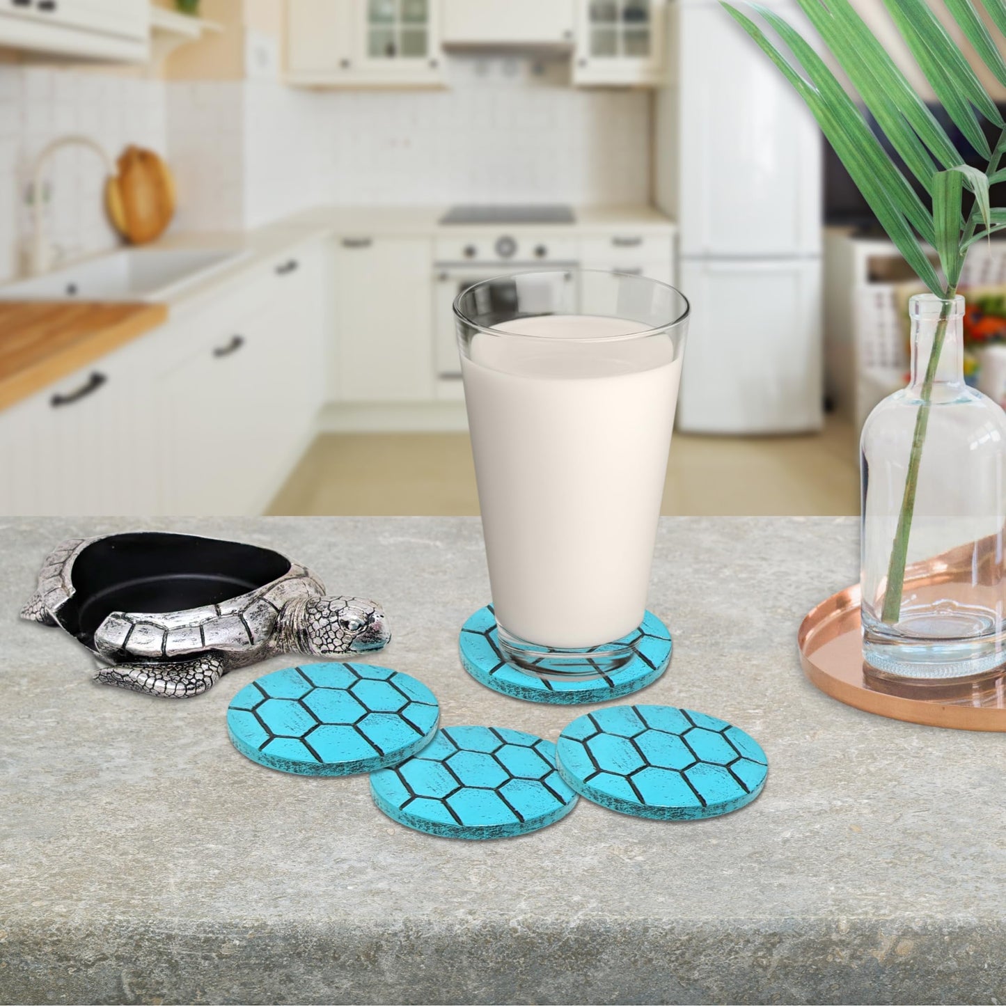 Sea Turtle Coaster Set with Holder – 4 Nautical, Ocean, and Tropical Silver & Turquoise Resin Coasters – Coastal Beach Home, Bar, Kitchen, or Dining Room Décor – Ideal Gift for Sea Life Lovers
