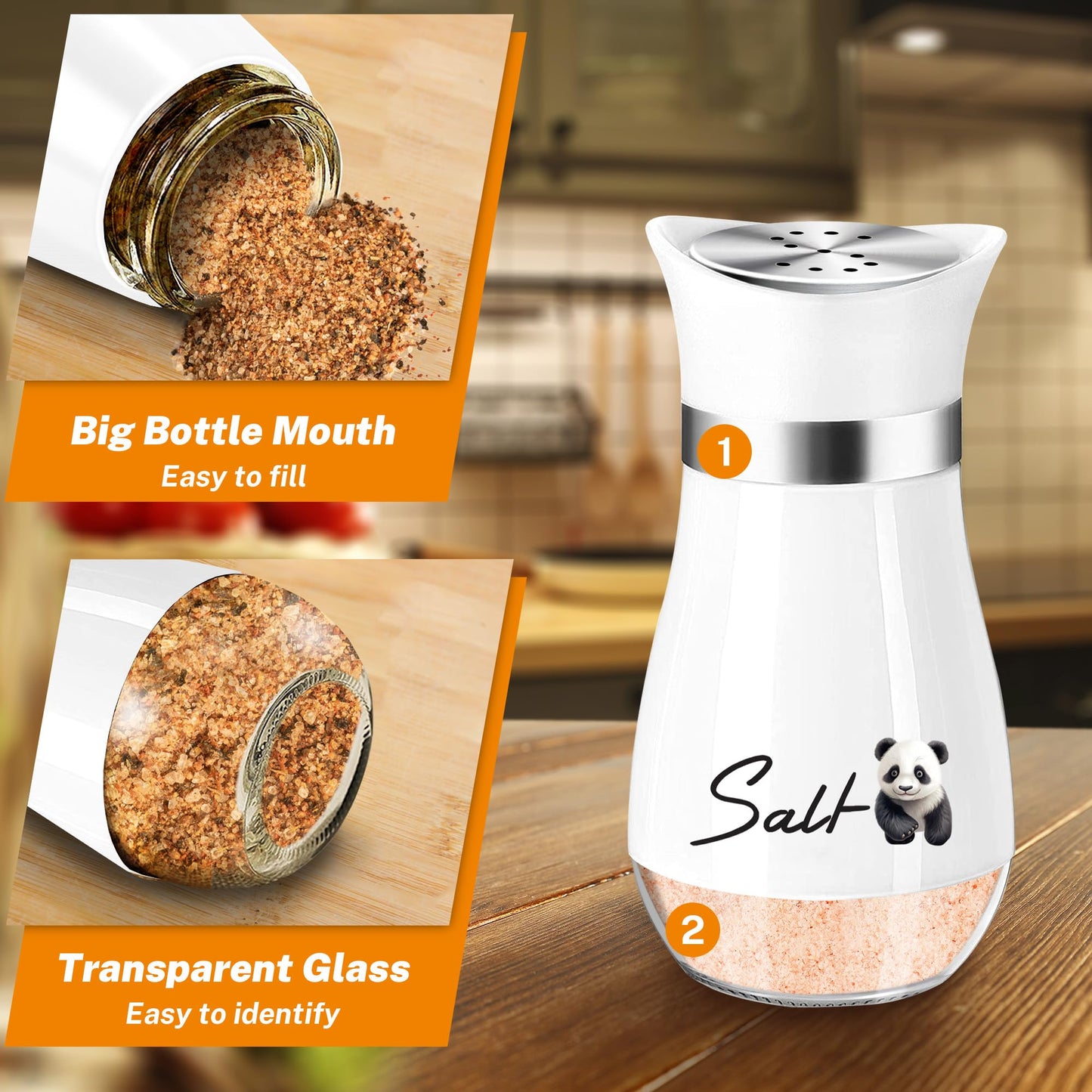 Panda Salt and Pepper Shakers Set,4 oz Glass Bottom Salt Pepper Shaker with Stainless Steel Lid Kitchen Decor and Accessories Refillable Design(Panda Eatting)