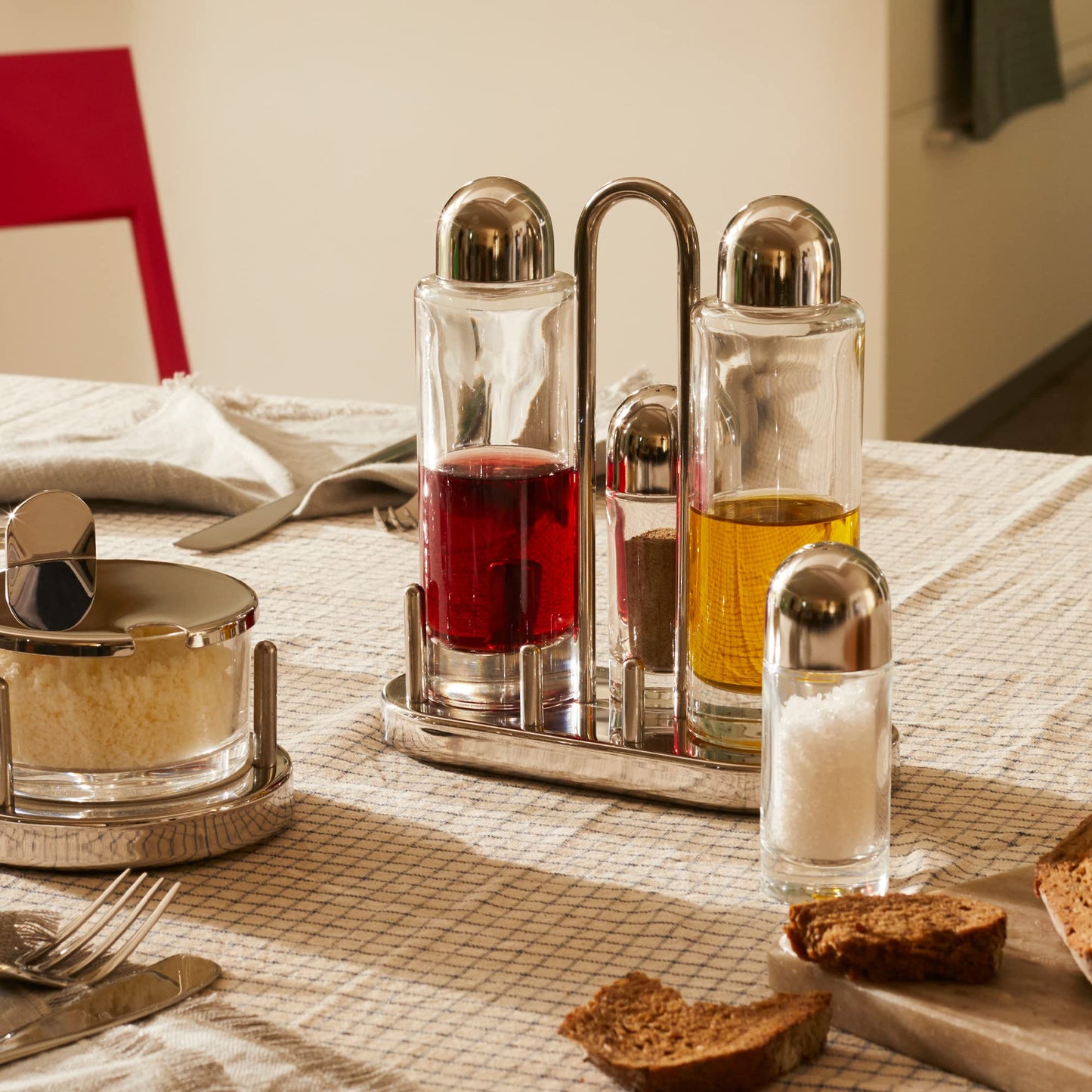 Alessi | 5070 - Design Condiment Set for Oil, Vinegar, Salt and Pepper in 18/10 Stainless Steel and Crystalline Glass