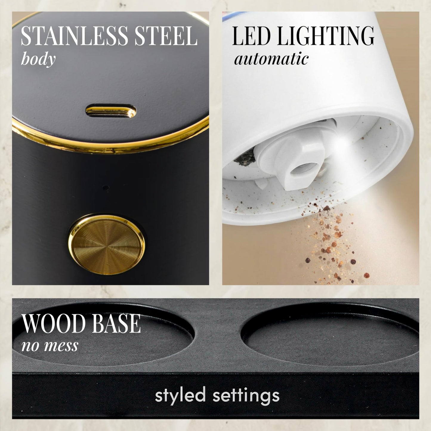 Rechargeable Electric Salt and Pepper Grinder Set – Sleek Stainless Steel White and Black Black Salt and Pepper Grinder Set with USB-C Charging, Adjustable Coarseness, LED Light, One Touch Control