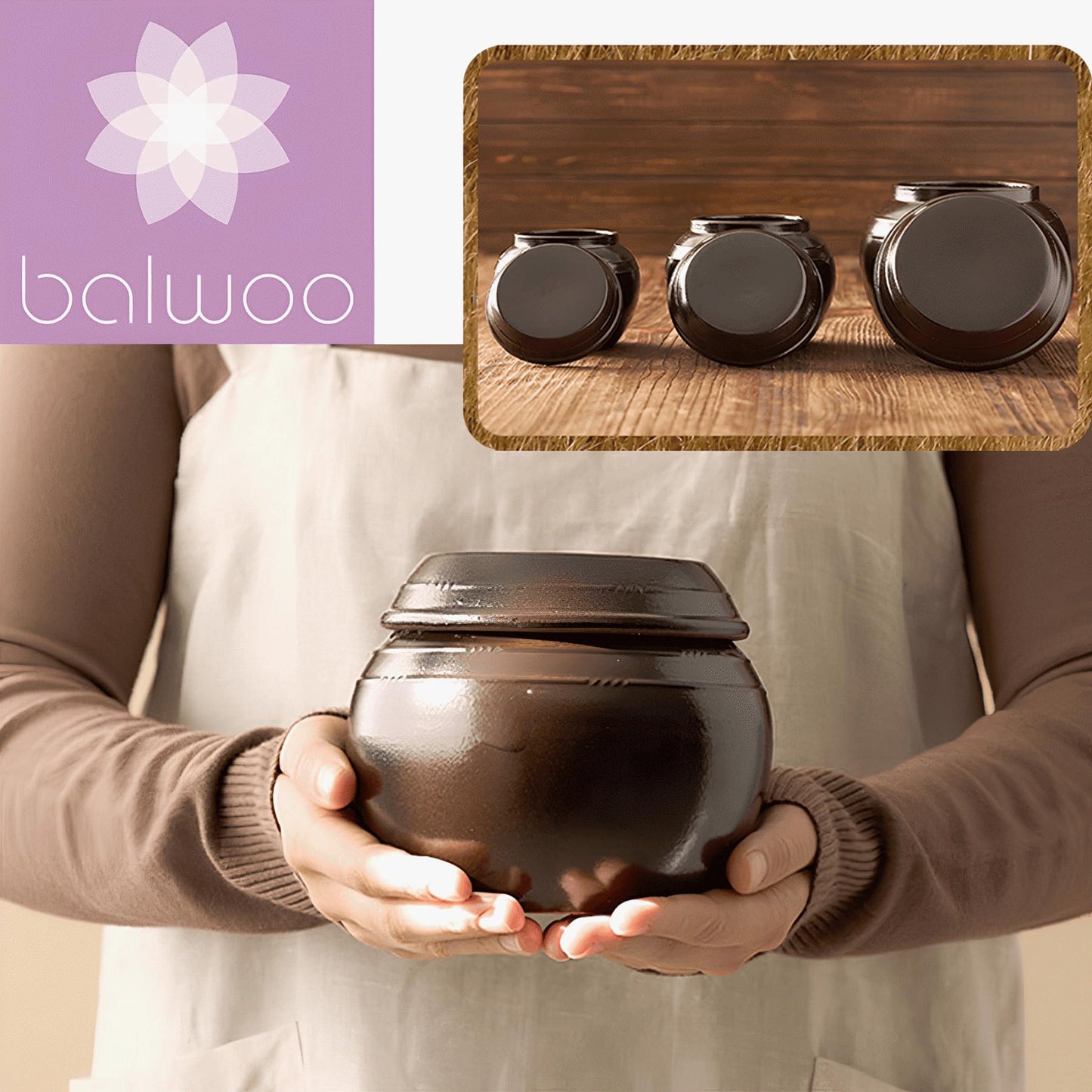 BALWOO Earthenware Onggi Korean Traditional Clay Jar Mini Ceramic Canister/Handmade Food Storage Container for Tea, Coffee Bean, Salt/Breathing Clay Pot Kimchi Fermentation Crock (2L(67.6oz))