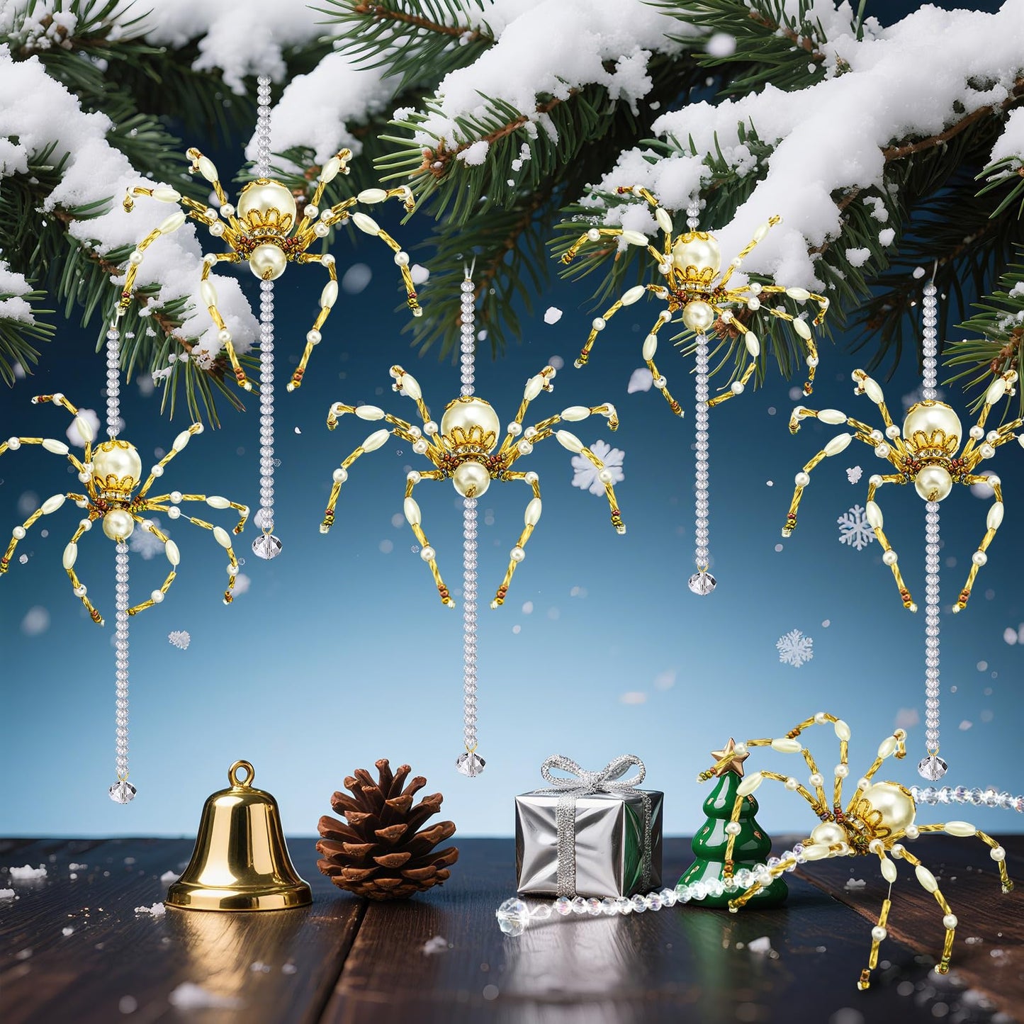 Lunmon 6 Pcs 6.3 Inch Christmas Spider Ornaments for Tree Crystal Beaded Spider Christmas Hanging Ornaments with Crystal Drop Pendent Decoration for Xmas Tree Indoor Home Window Party Gift