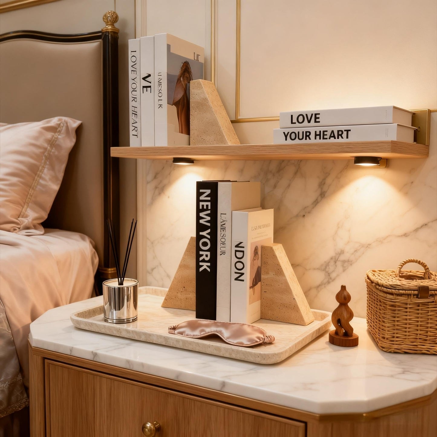 1 Piece Modern Travertine Bookend, Trapezoidal Design, Natural Stone Book Holders for Desk and Shelf (Trapezoidal - 1 piece)