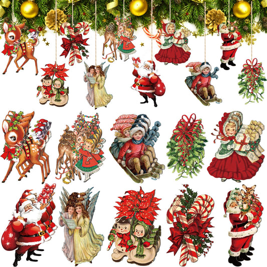 Gerrii 40 Pieces Wooden Christmas Ornaments Hanging Decor Christmas Wooden Flat Ornament for Xmas Tree Decor(Vintage Santa Claus Reindeer Snowman)