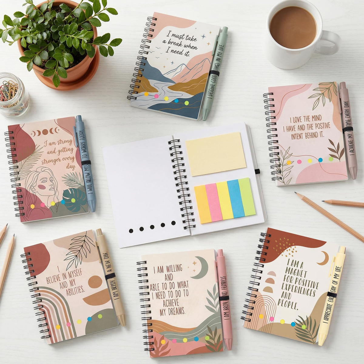 48 Pcs Boho Aesthetic Gifts Bulk, 24 Sets Self-Care Notebooks with Matching Pens & Sticky Notes, Abstract Motivational Journals for Women, Students, Mental Health, Yoga Retreats (5.5 x 4.7 Inch)