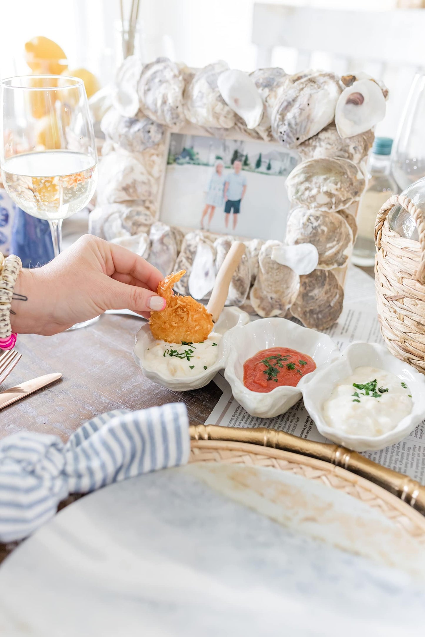 Mud Pie Oyster Shaped Triple Dip and Serving Set, White, 10.25" x 5.5"