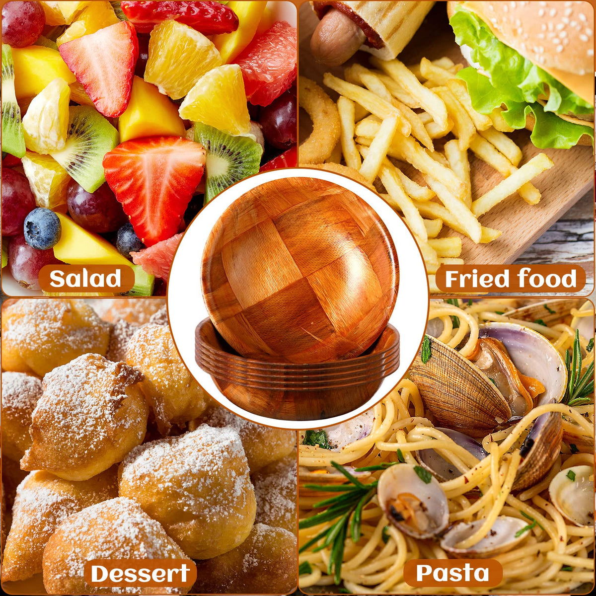 Didaey 12 Pcs Wooden Salad Bowl Set, 6 Inch Round Wood Serving Bowls, 6" Diameter x 1.5" Height, Wooden Woven Salad Bowls for Fruits, Vegetables, Snacks, Kitchen & Dining
