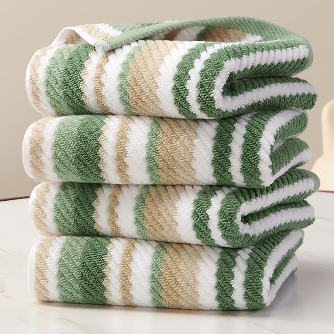Green Hand Towels Set of 4, Striped Hand Towels
