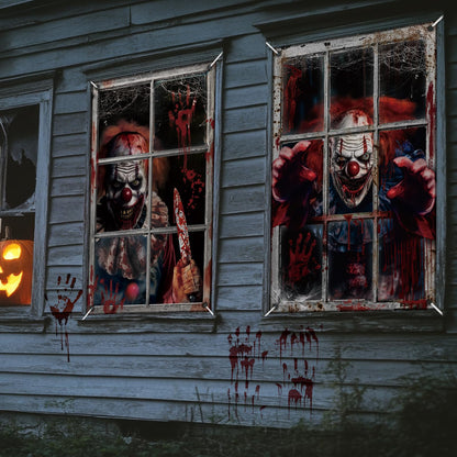 Hxezoc 2 Pack Halloween Window Decorations Scary Spooky Clown Window Backdrop Poster for Halloween Window Door Wall Cover Decoration Supplies