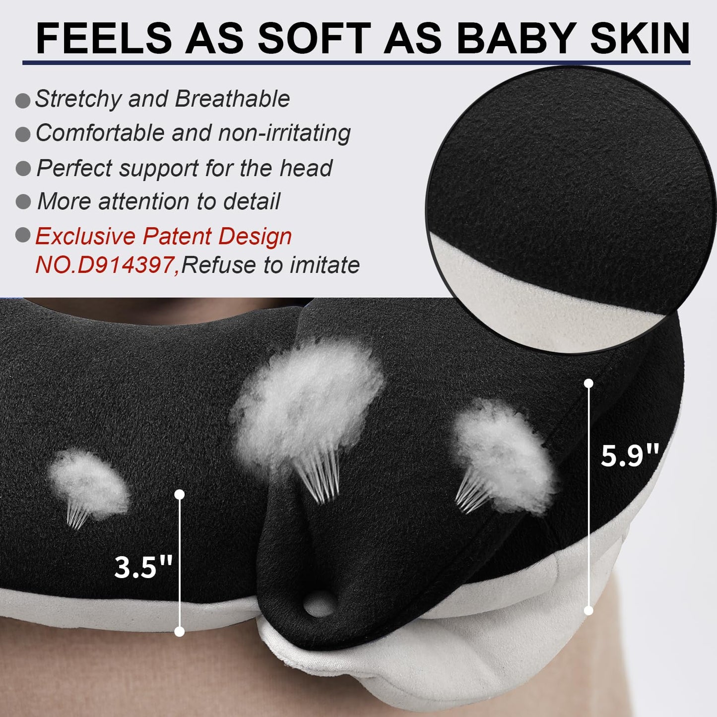 BUYUE Travel Neck Pillows for Airplanes, 360° Head Support Sleep for Long Flight, Skin-Friendly & Breathable, Kit with 3D Contoured Eye Mask, Earplugs and Storage Bag (Adult, Black, 100+ lbs)