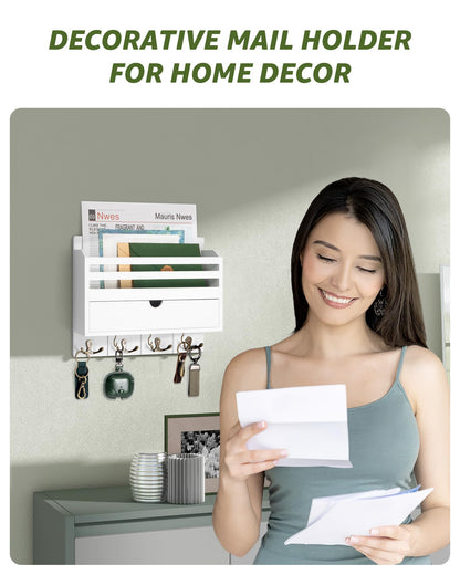 Rebee Vision Decorative Mail Organizer Wall Mount - Modern Key and Mail Holder for Wall with Drawer Organizer and 7 Key Hooks - Wall Decor Living Room for Apartment Essentials (White)
