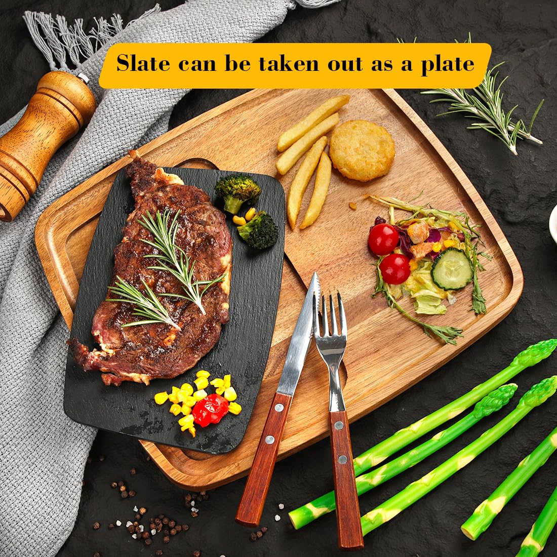 LiWiBet Acacia Wood Slate Steak Plate for Meat Cheese Appetizers, Steak Cutting Plate Board Serving Tray Cheese Appetizer Platter Perfect for Housewarming, Christmas, Mother's Day