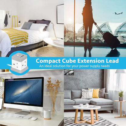 Extension Lead Cube with USB, BEVA 4 Way Power Strip with 3 USB Ports, Desktop Power Extension Socket with 1.5M Extension Cable Cords for Home Dorm Office Travel-WHITE