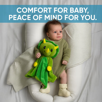 Love By Emi 4 in 1 Baby Lullaby Sleep Soother Toy - Stuffed Animal Sound Machine & Pacifier Holder | Heartbeat White Noise & Music | Plush Green Dinosaur Lovey Sleep Aid Security Blanket (0-3 Years)
