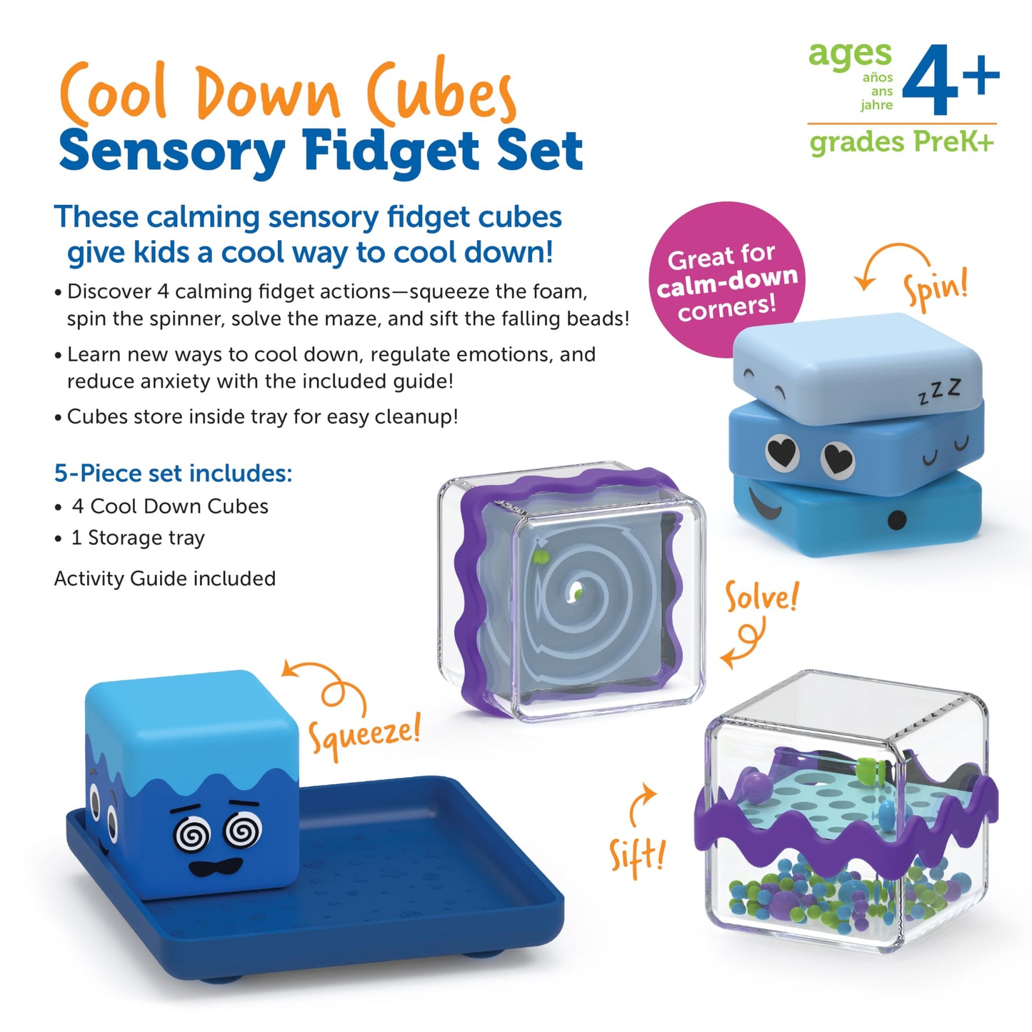 Learning Resources Cool Down Cubes Sensory Fidget Set of 4, Ages 3+, Calm Down Corner Toys, SEL Toys