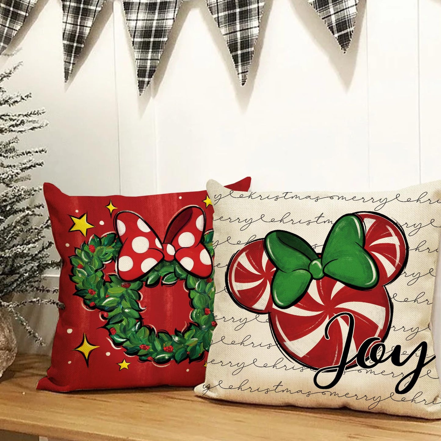 Ussap Merry Christmas Decorative Throw Pillow Covers 18 x 18 Set of 4, Xmas Candy Cane Wreath Red Green Bow Cushion Case Decor, Noel Joy Winter Holiday Farmhouse Home Sofa Couch Decoration
