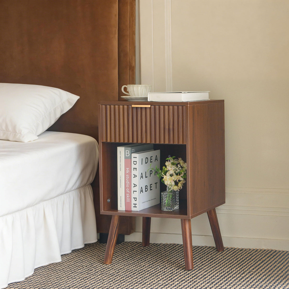 Fultyle Walnut Nightstand, Modern Night Stand with Fluted Drawer and Open Storage, Wooden Bedside Table with Solid Wood Legs for Bedroom, Living Room, Office (Walnut Brown)
