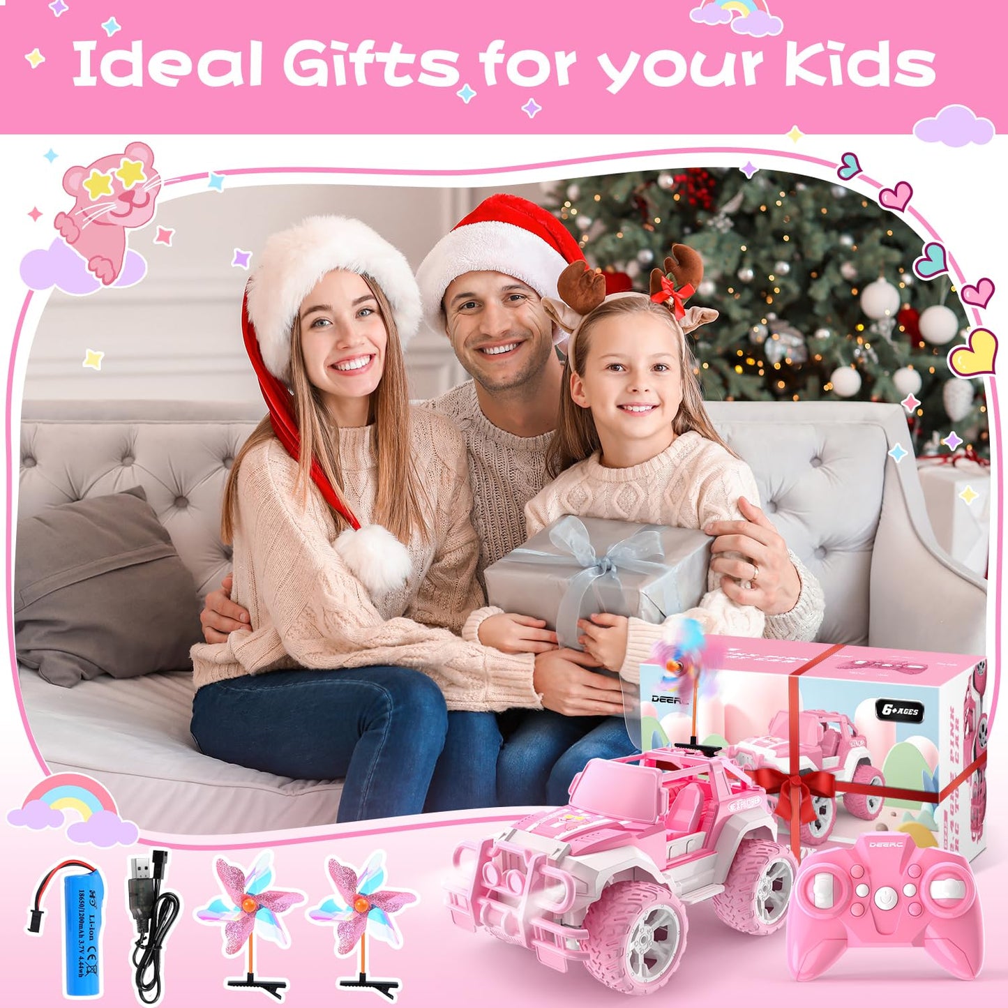 DEERC Remote Control Cars with Windmill, 1:18 Scale Jeep RC Car, 80 Min Playtime LED Light Off-Road Pink Radio Monster RC Trucks with Auto Mode, Storage Case Toys Car Gifts for Girls Kids 3 4 5 6 7 8
