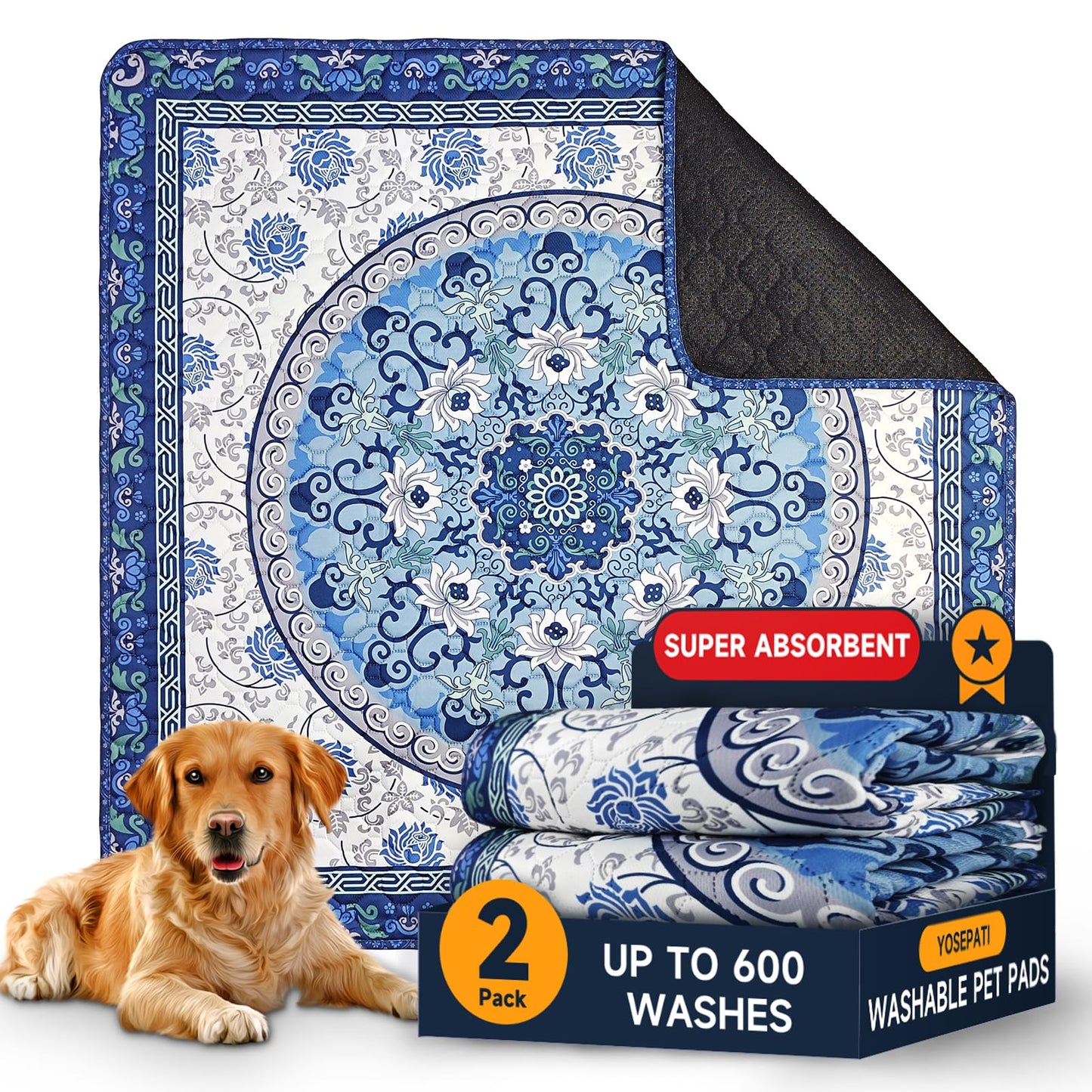 YOSEPATI Washable Pee Pads for Dogs 2 Pack,104x92cm Waterproof Non-Slip Reusable Puppy Pad with Fast Absorbent,Leakproof Whelping Pads for Pet Housebreaking